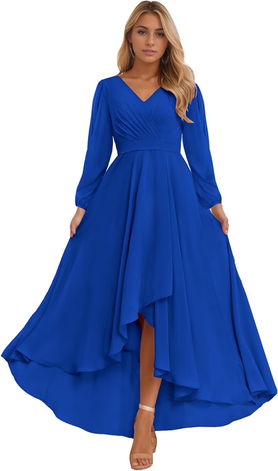 Long Sleeve Bridesmaid Dresses for Women 2025 V Neck Ruched Chiffon Formal Dress