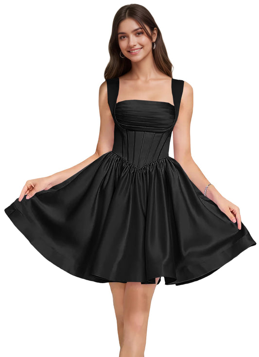 Women's Short Homecoming Dresses for Teens Formal Square Neck Satin Cocktail Prom Evening Party Gowns