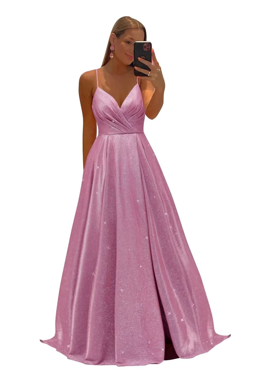 Women's Spaghetti Straps Prom Dresses Long V-Neck Sparkling Bridesmaid Dresses Formal Evening Gowns with High Slit