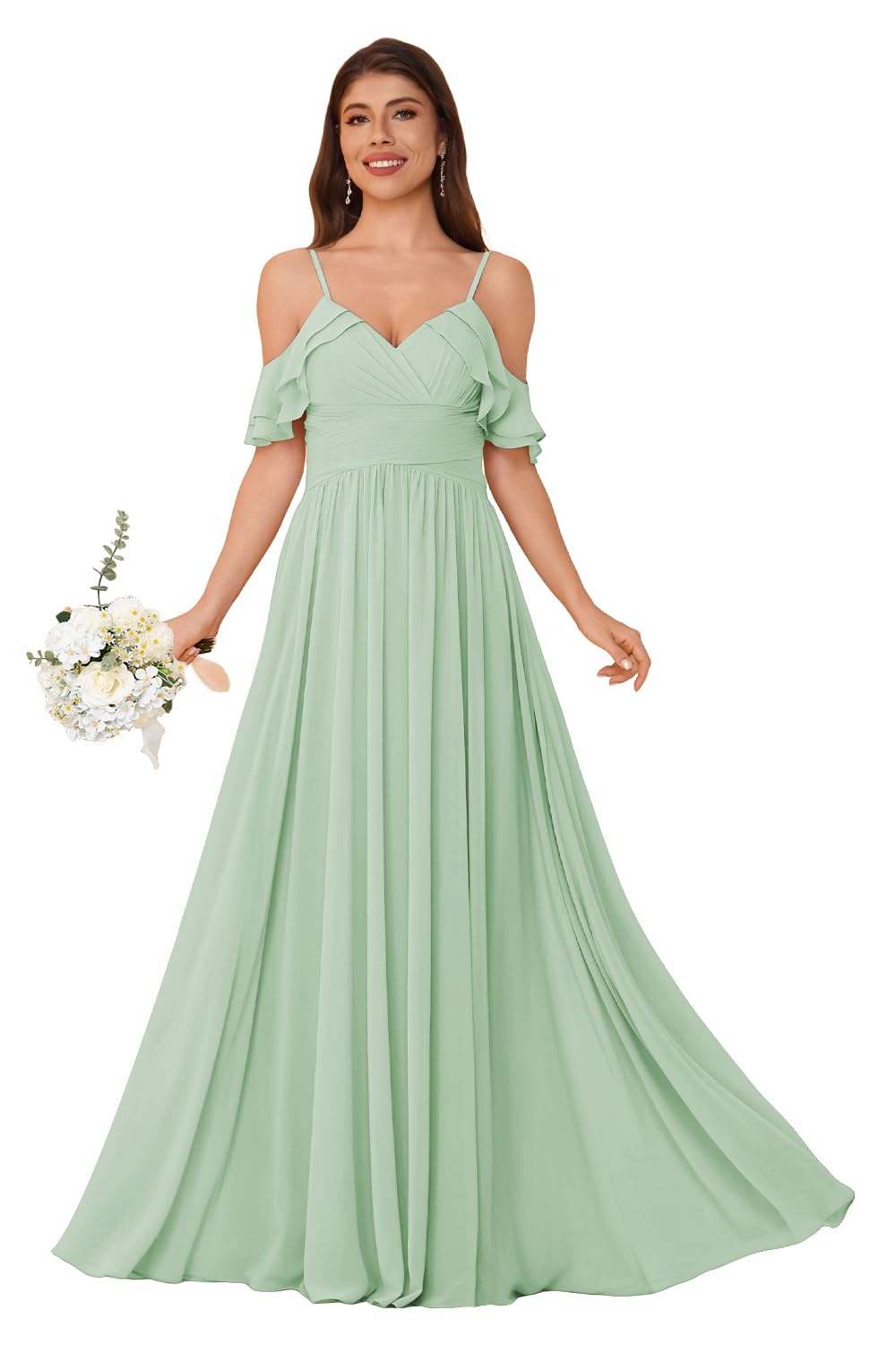 Women's Long Chiffon Bridesmaid Dresses Ruffle V Neck Formal Evening Prom Gown Spaghetti Strap Maxi Wedding Guest Dress