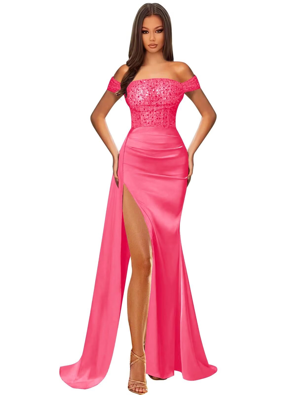 Off Shoulder Sequin Prom Dresses for Women 2027 Long Mermaid Tight Satin Formal Evening Party Dress with Slit