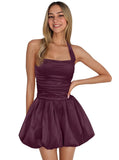 Satin Halter Homecoming Dresses for Teens Short Prom Dress 2027 Flower Bud Ruched Formal Cocktail Gown with Pockets