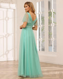 Damen Brautjungfernkleider mit Flatterärmeln, Tüll, lang, V-Ausschnitt, Empire-Taille, formelles Kleid 