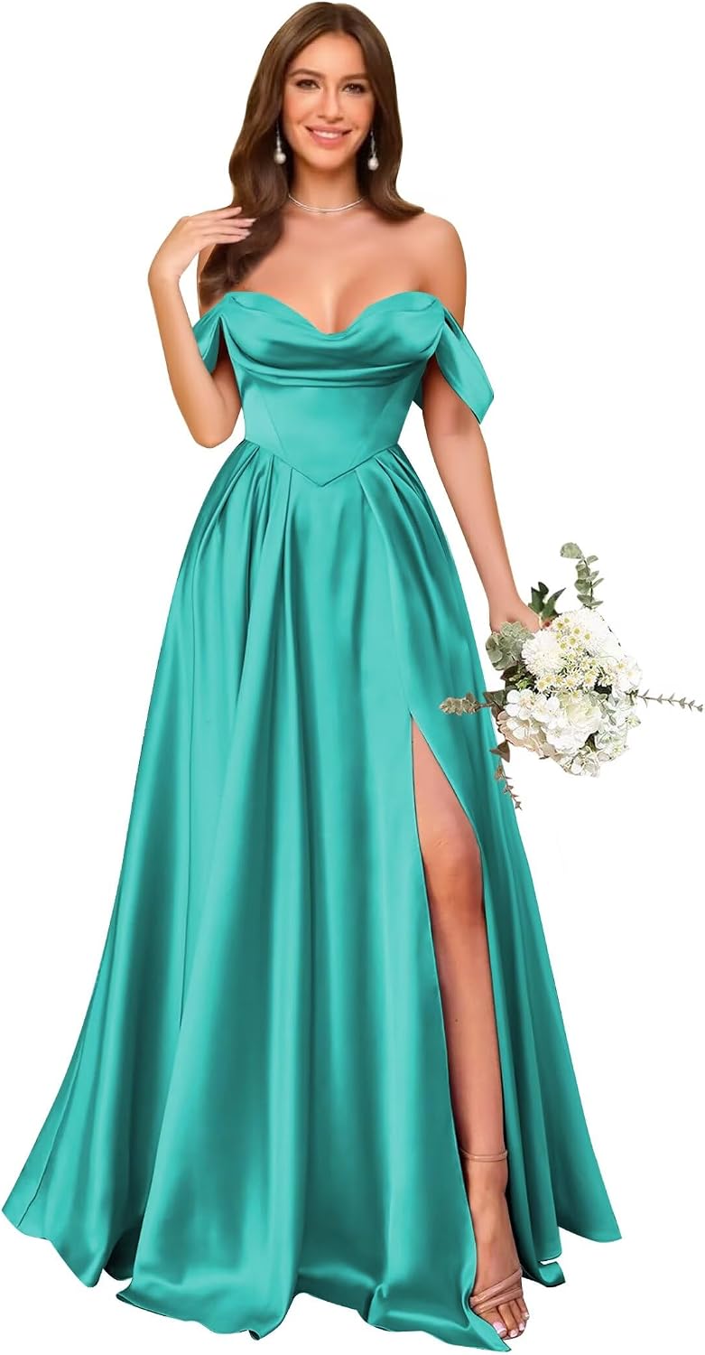 Off Shoulder Satin Bridesmaid Dresses Long Pleated Formal Dresses A Line Evening Gowns with Slit