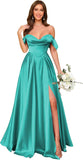 Off Shoulder Satin Bridesmaid Dresses Long Pleated Formal Dresses A Line Evening Gowns with Slit