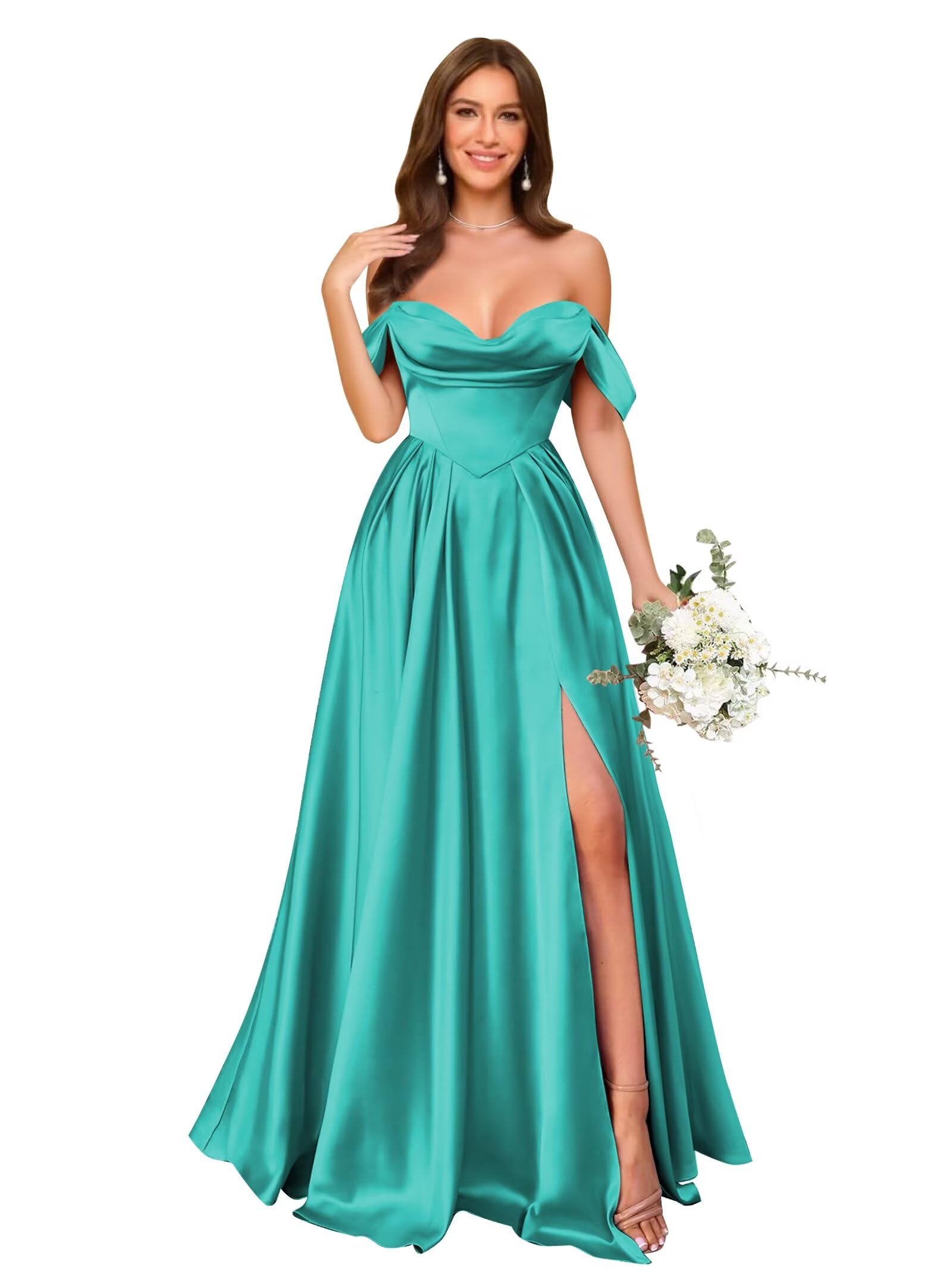 Off Shoulder Satin Bridesmaid Dresses Long Pleated Formal Dresses A Line Evening Gowns with Slit