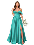 Off Shoulder Satin Bridesmaid Dresses Long Pleated Formal Dresses A Line Evening Gowns with Slit