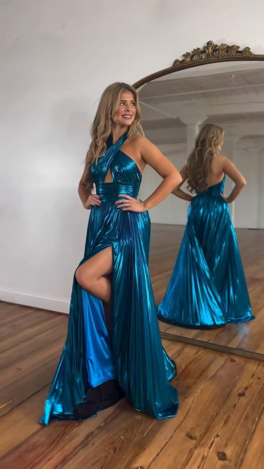 Vestido de fiesta de satén metálico brillante con abertura para mujer, vestido formal de noche plisado con cuello halter 