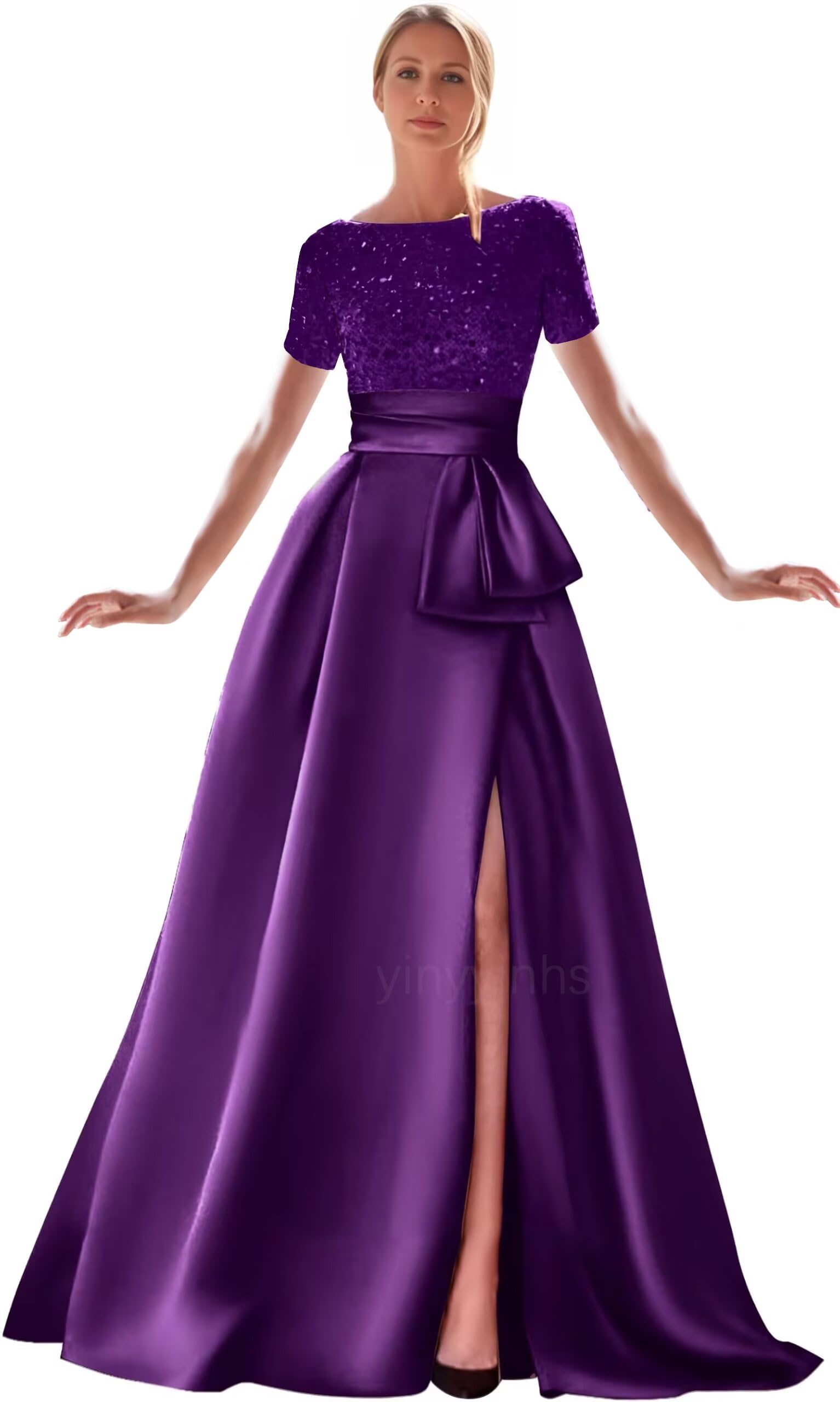 Kingbridal Gowns Short Sleeve Sequin Prom Dresses for Women 2026 Satin A-Line Sparkly Formal Evening Party Ball Gowns with Slit