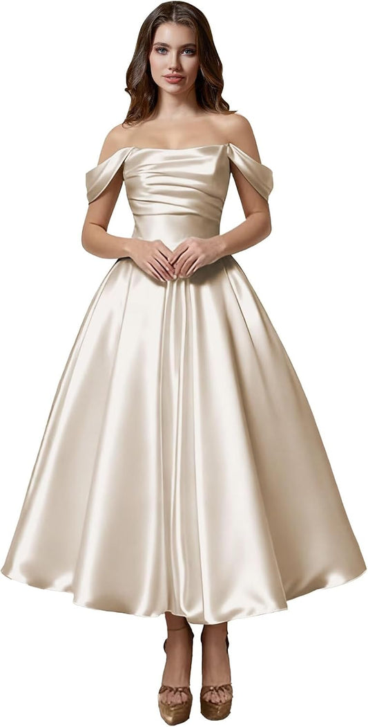 Women's Off Shoulder Wedding Dresses for Bride Tea Length Elegant A Line Satin Prom Dress Midi Evening Gowns
