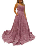 Kingbridal Gowns Spaghetti Straps Prom Dresses Long for Women 2026 A Line Sequin Satin Formal Evening Party Ball Gowns with Slit