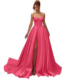 Kingbridal Gowns Strapless Prom Dresses for Women 2026 Long Satin A-line Formal Dress with Slit Beaded Corset Evening Party Gowns