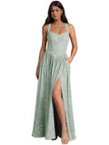 Jacquard Floral Lace Wedding Guest Dress Long Slit A Line Bridesmaid Dresses with Pockets Formal Gown