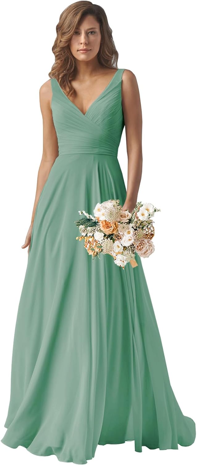 Chiffon Bridesmaid Dresses Long for Women A Line Ruched Formal Porm Evening Gowns