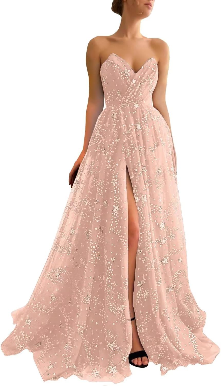 Women's Sparkle Starry Tulle Prom Dresses Strapless Long Formal Evening Party Gowns with Slit