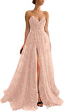 Women's Sparkle Starry Tulle Prom Dresses Strapless Long Formal Evening Party Gowns with Slit