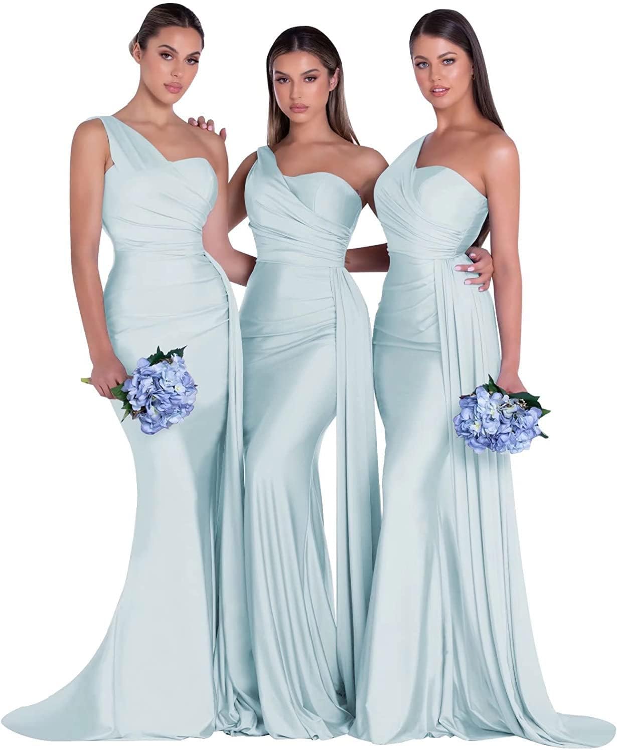 Women's One Shoulder Mermaid Bridesmaid Dresses Long Ruched Bodycon Satin Formal Prom Gowns
