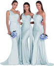 Women's One Shoulder Mermaid Bridesmaid Dresses Long Ruched Bodycon Satin Formal Prom Gowns
