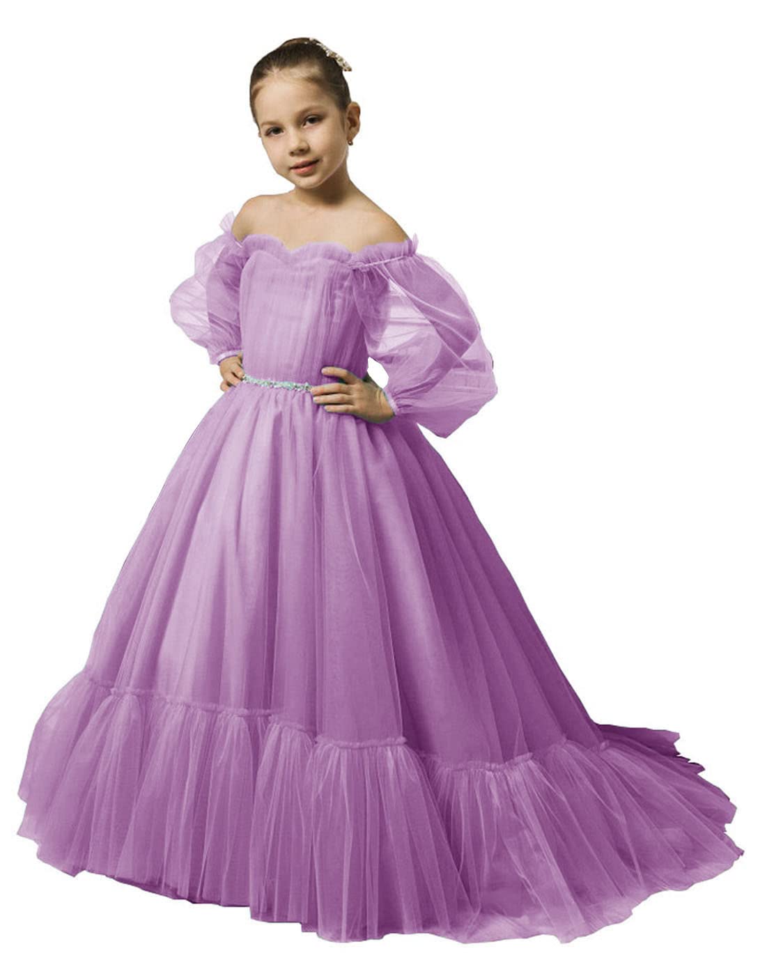 Puffy Sleeves Flower Girl Dress for Wedding Tulle Princess Pageant Dress Kids Prom Ball Gown with Belt