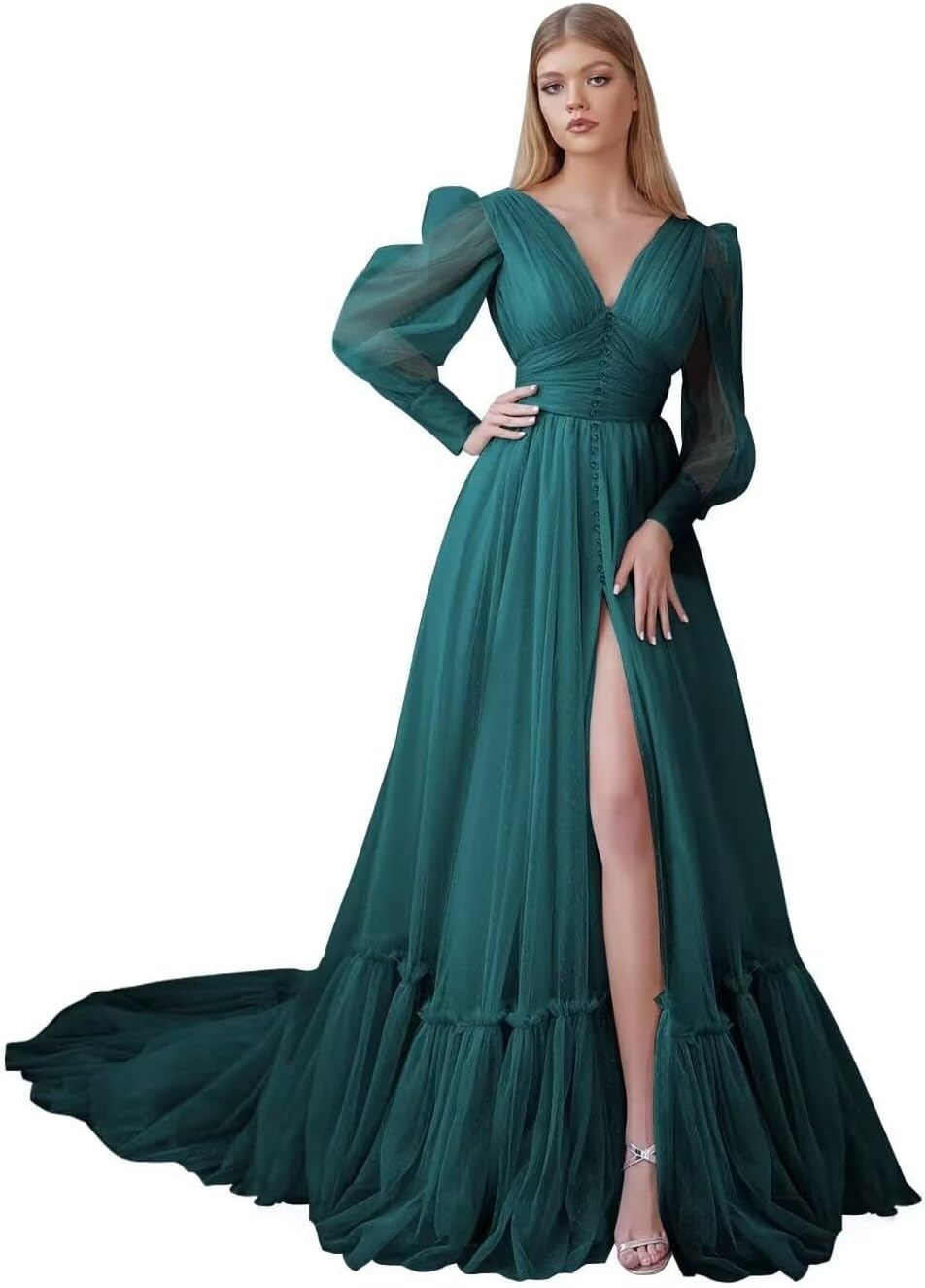 Puffy Sleeve Tulle Prom Dresses Long Ball Gown with Slit for Women 2027 V Neck Long Formal Evening Gowns