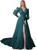 Puffy Sleeve Tulle Prom Dresses Long Ball Gown with Slit for Women 2027 V Neck Long Formal Evening Gowns
