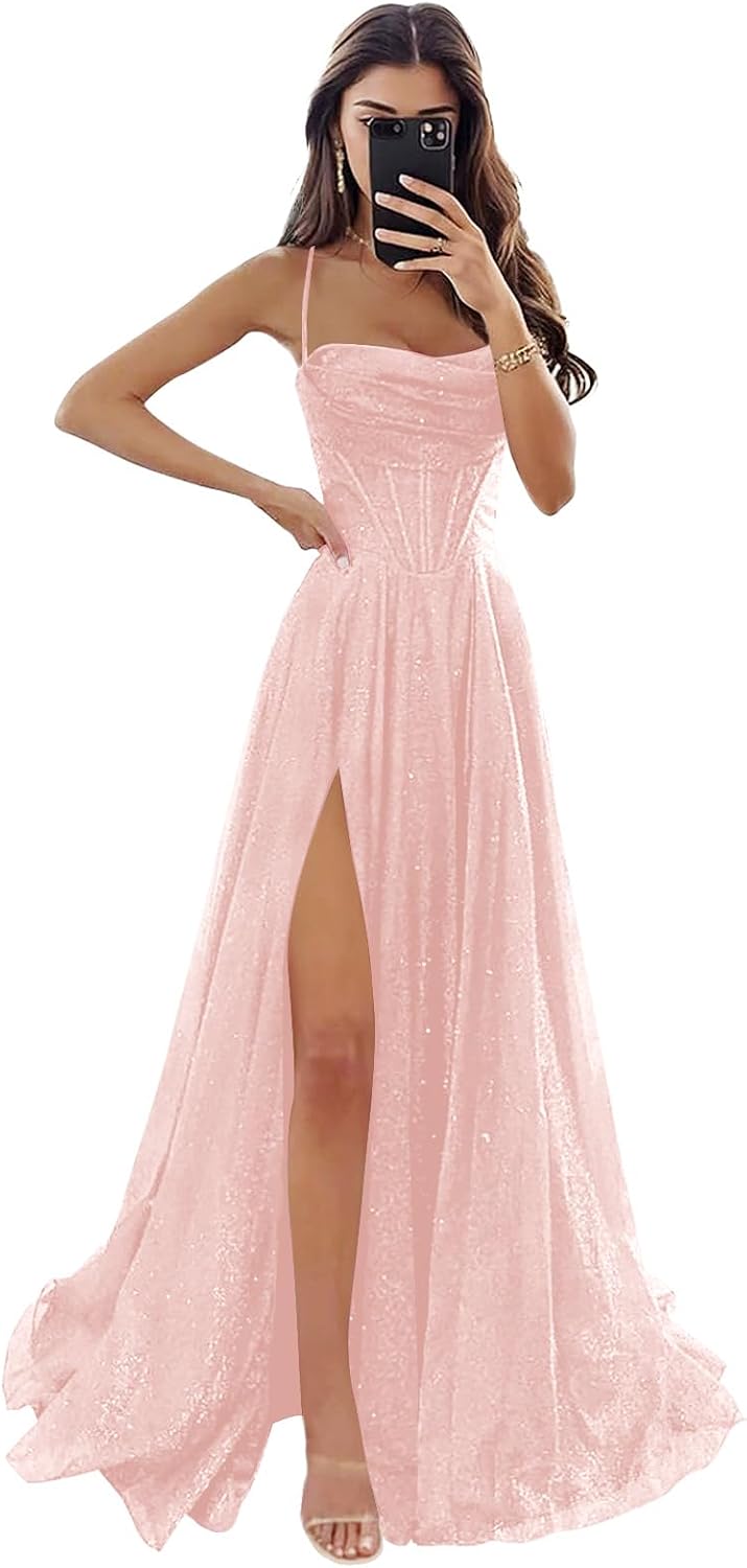 Women's Spaghetti Straps Glitter Tulle Prom Dress with Slit Cowl Neck Long Evening Formal Party Gown