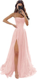 Women's Spaghetti Straps Glitter Tulle Prom Dress with Slit Cowl Neck Long Evening Formal Party Gown