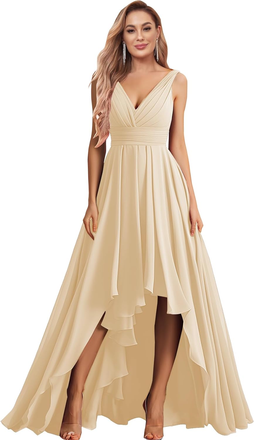 Vestidos de dama de honor con escote en V para mujer, para boda, con bolsillos, de gasa fruncida, largos, formales, para fiesta de graduación y noche.