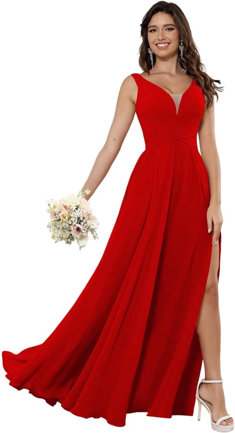 Vestidos de dama de honor sencillos de gasa para mujer con bolsillos, vestidos formales largos con escote en V y abertura 