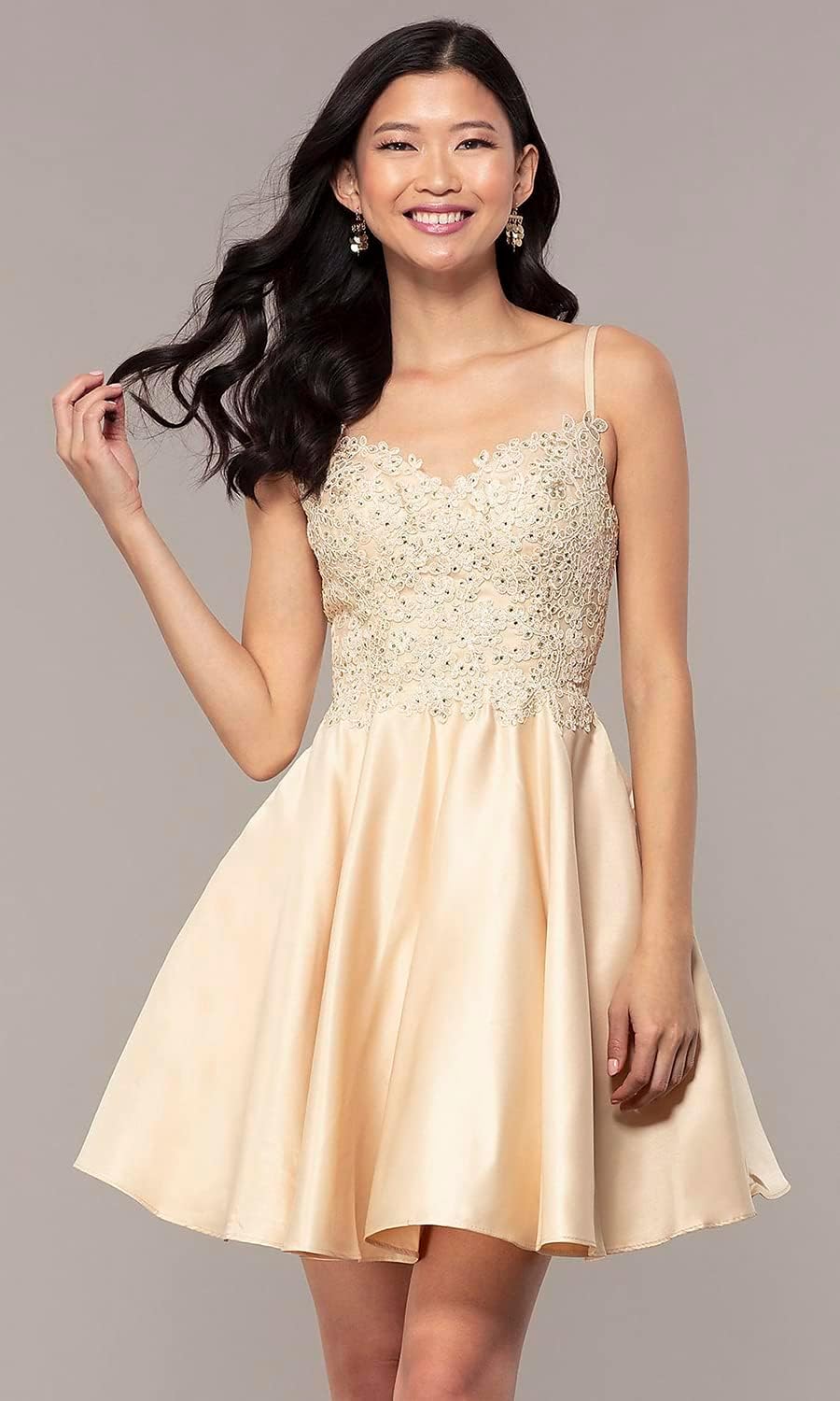 Vestidos cortos de fiesta con tirantes finos para jóvenes, con encaje, escote en V y bolsillos.