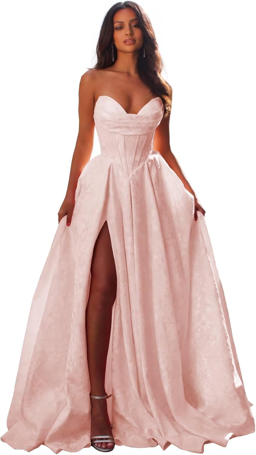 Jacquard Satin Prom Dresses with Slit Strapless Corset A Line Long Formal Gowns
