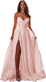 Jacquard Satin Prom Dresses with Slit Strapless Corset A Line Long Formal Evening Gowns