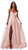 Jacquard Satin Prom Dresses with Slit Strapless Corset A Line Long Formal Gowns