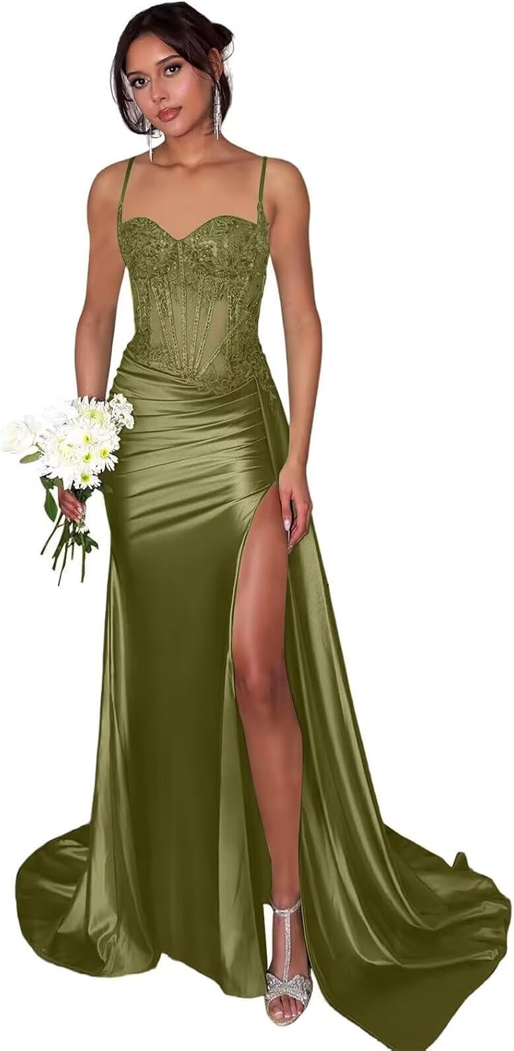 Lace Satin Prom Dresses for Women 2026 Long Mermaid Spaghetti Straps Corset Formal Evening Party Dress with Slit