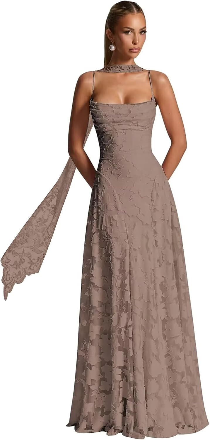 Floral Lace Bridesmaid Dresses for Women Long Spaghetti Straps Formal Evening Gowns with Scarf