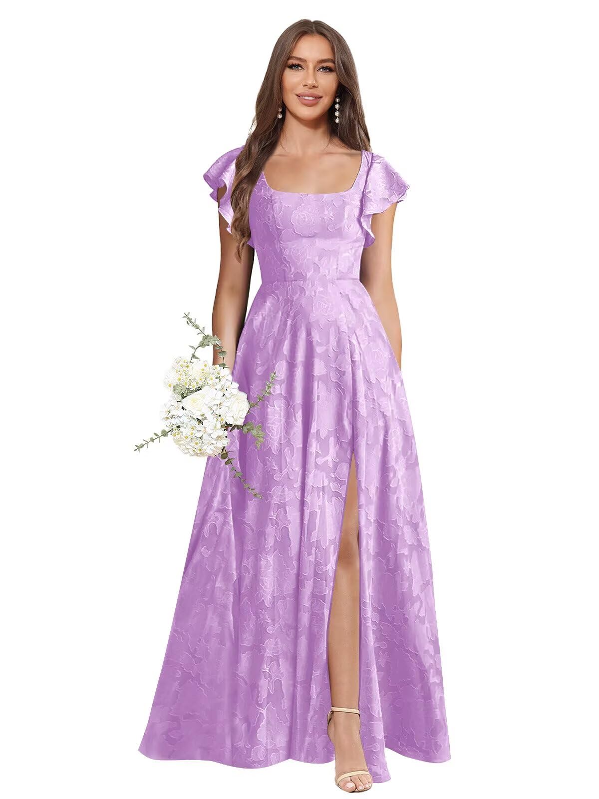 Floral Bridesmaid Dresses for Women Long A-Line Square Neck Lace Formal Evening Gown with Sleeves Slit