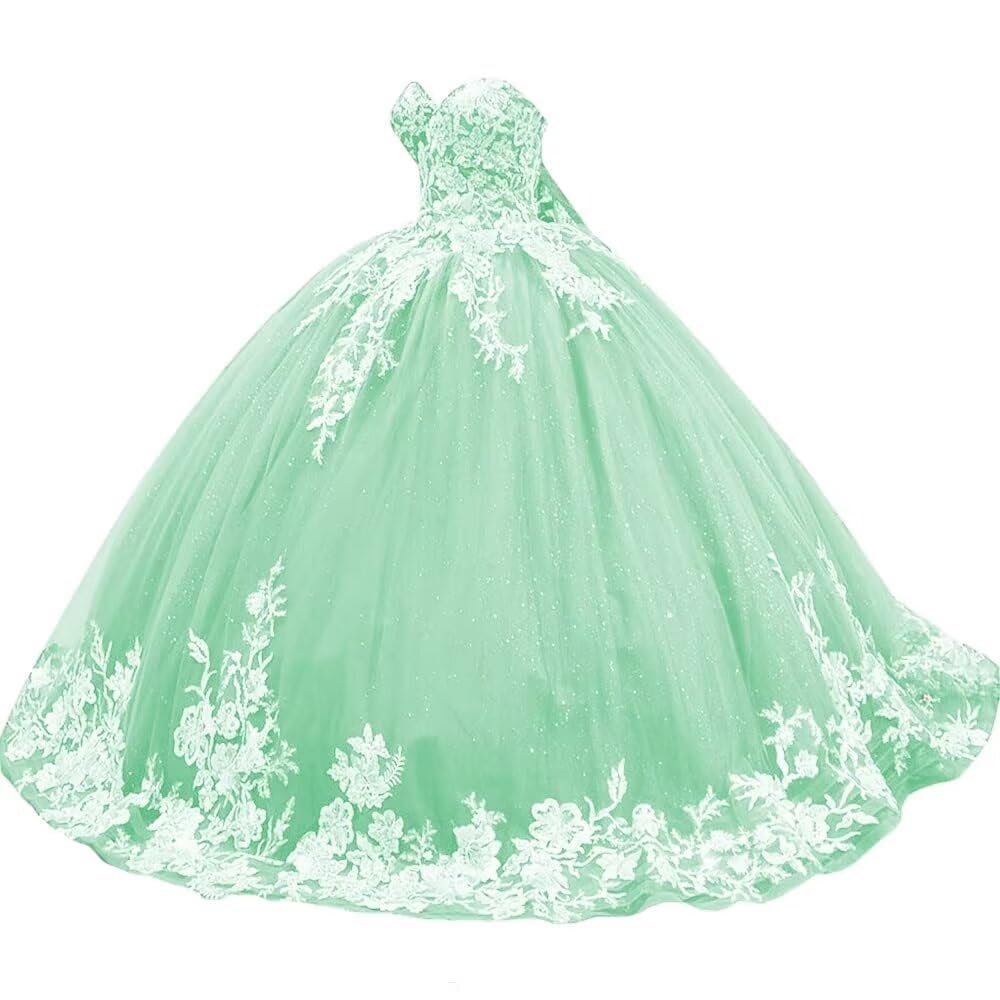 Sparkly Tulle Sweet 15 16 Quinceanera Dress Lace 3D Floral Ball Gown Strapless Puffy Prom Formal Gown