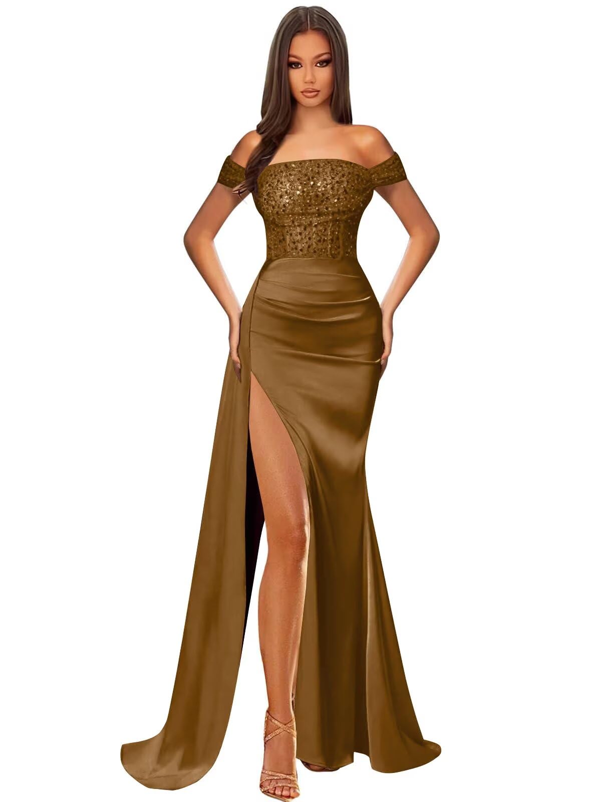 Off Shoulder Sequin Prom Dresses for Women 2027 Long Mermaid Tight Satin Formal Evening Party Dress with Slit
