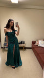 Women's Off Shoulder Mermaid Prom Dresses Long with Slit Pleates Wrap Satin Formal Evening Gowns