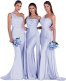 Women's One Shoulder Mermaid Bridesmaid Dresses Long Ruched Bodycon Satin Formal Prom Gowns
