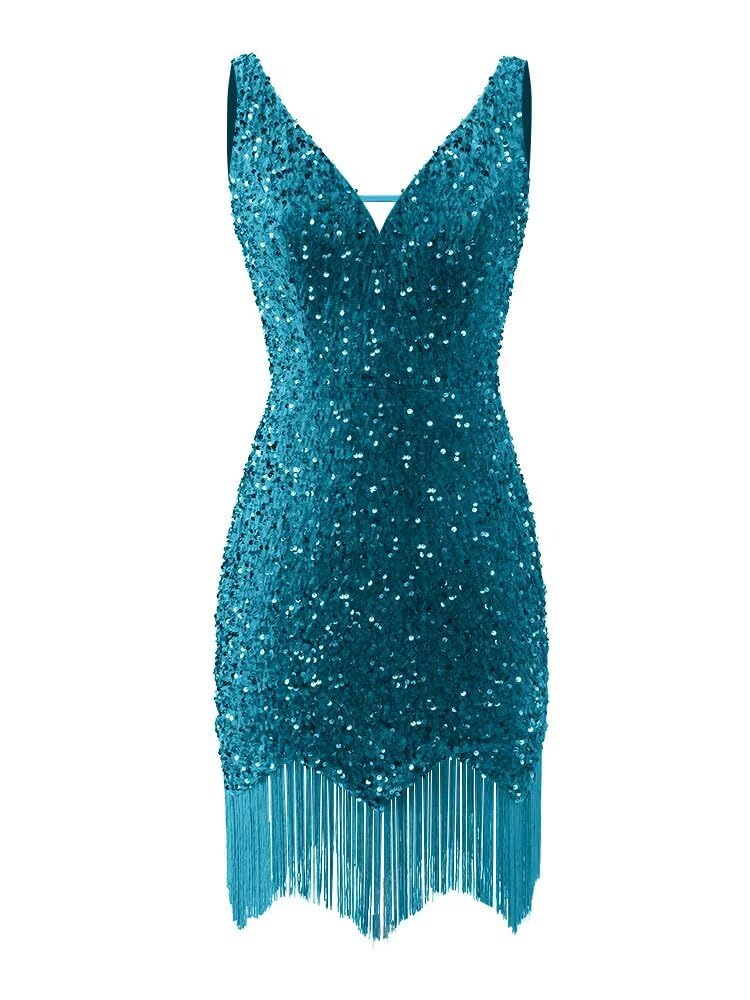 Kingbridal Gowns V Neck Sequin Homecoming Dresses for Teens 2027 Sparkly Tight Short Prom Cocktail Party Gowns with Tassels
