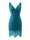 Kingbridal Gowns V Neck Sequin Homecoming Dresses for Teens 2027 Sparkly Tight Short Prom Cocktail Party Gowns with Tassels