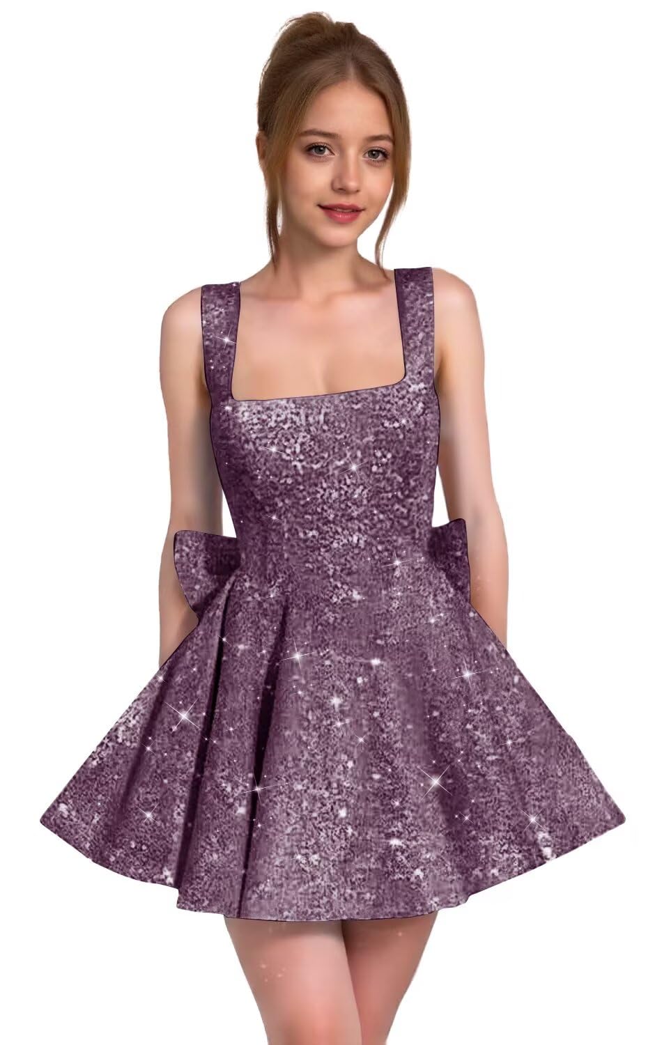 Sparkly Sequin Homecoming Dresses for Teens Short Prom Dress Square Neck Bow Formal Cocktail Gowns with Pockets