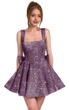 Sparkly Sequin Homecoming Dresses for Teens Short Prom Dress Square Neck Bow Formal Cocktail Gowns with Pockets