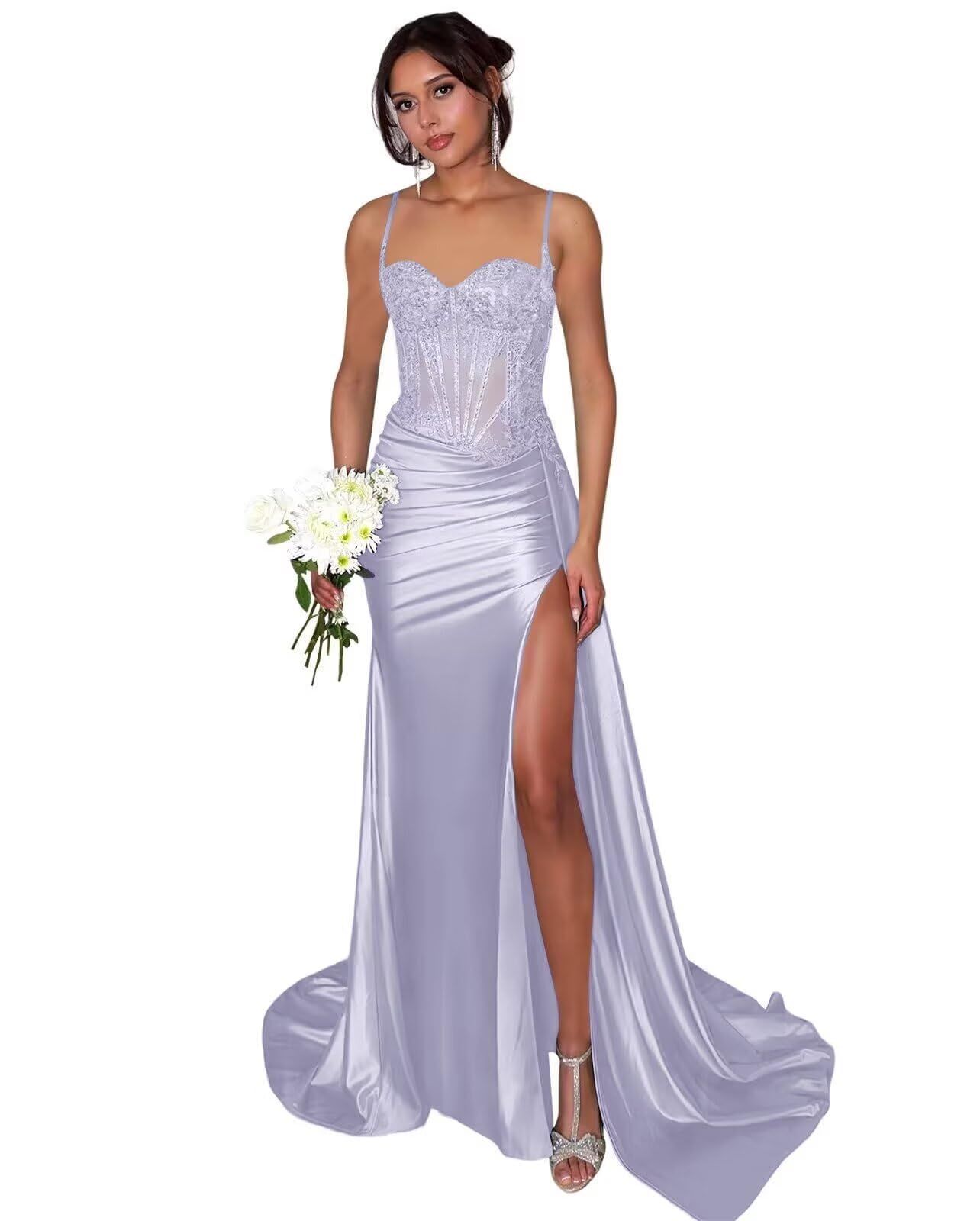Lace Satin Prom Dresses for Women 2026 Long Mermaid Spaghetti Straps Corset Formal Evening Party Dress with Slit