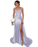 Lace Satin Prom Dresses for Women 2026 Long Mermaid Spaghetti Straps Corset Formal Evening Party Dress with Slit