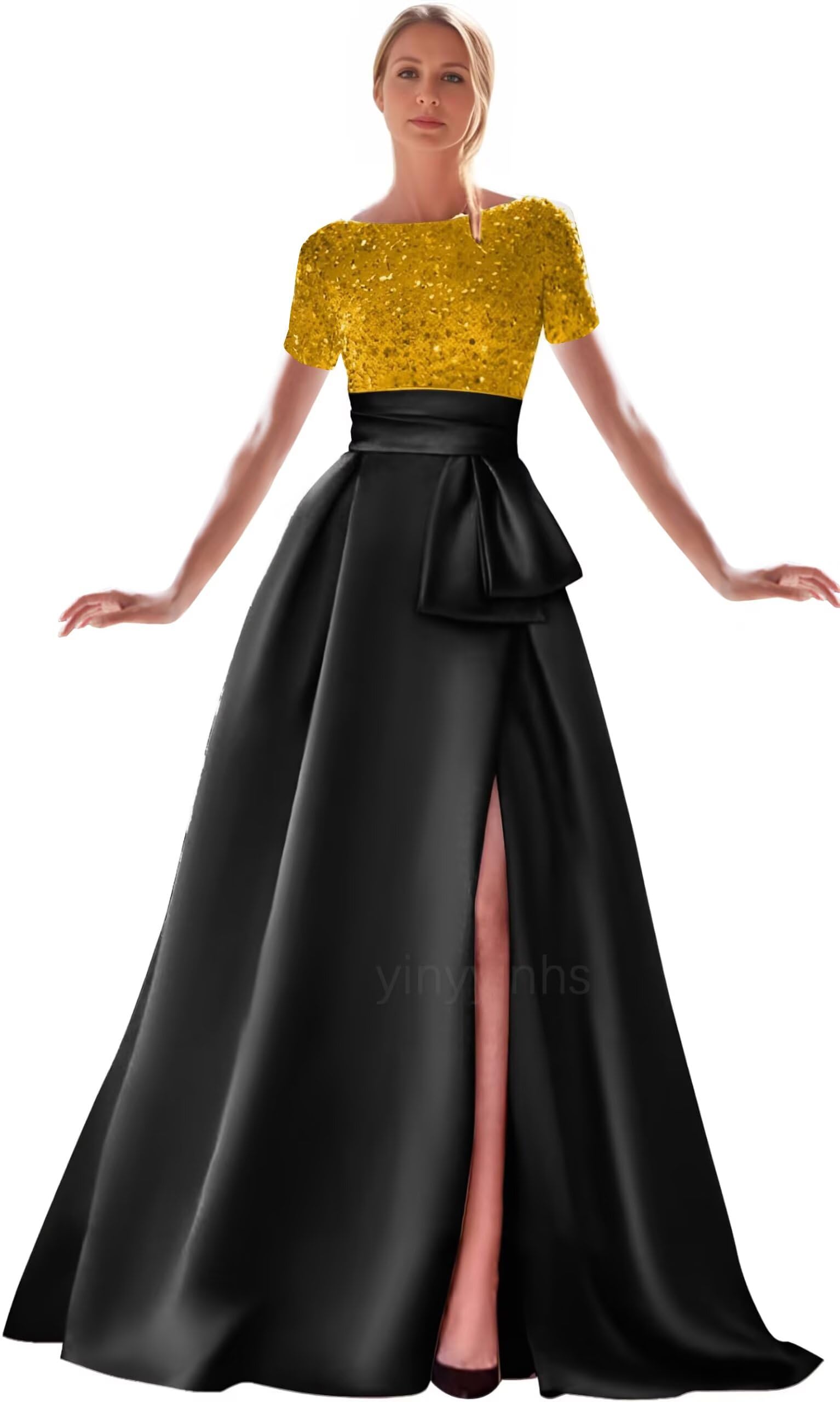 Kingbridal Gowns Short Sleeve Sequin Prom Dresses for Women 2026 Satin A-Line Sparkly Formal Evening Party Ball Gowns with Slit