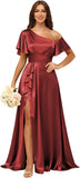 Short Sleeve Satin Bridesmaid Dresses for Women Ruffle One Shoulder Formal Evening Gowns with Slit