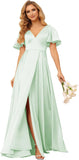 Women's V Neck Ruffle Sleeves Bridesmaid Dresses with Slit 2025 Satin A-Line Formal Evening Gowns