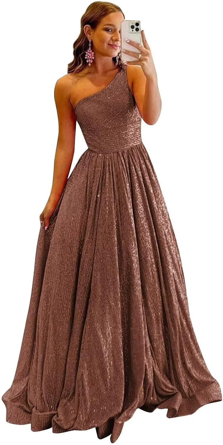 One Shoulder Sequin Prom Dresses for Women 2027 Sparkly Long A-Line Formal Evening Party Ball Gowns with Pockets